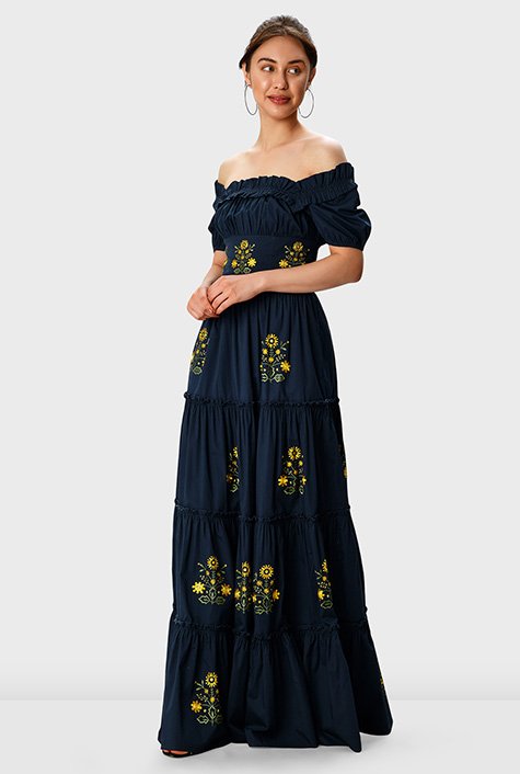 Shop Floral embroidery cotton poplin ruched tier dress