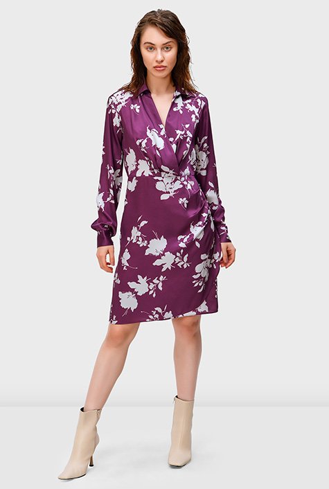 Shop Pleated floral print satin faux wrap dress | eShakti