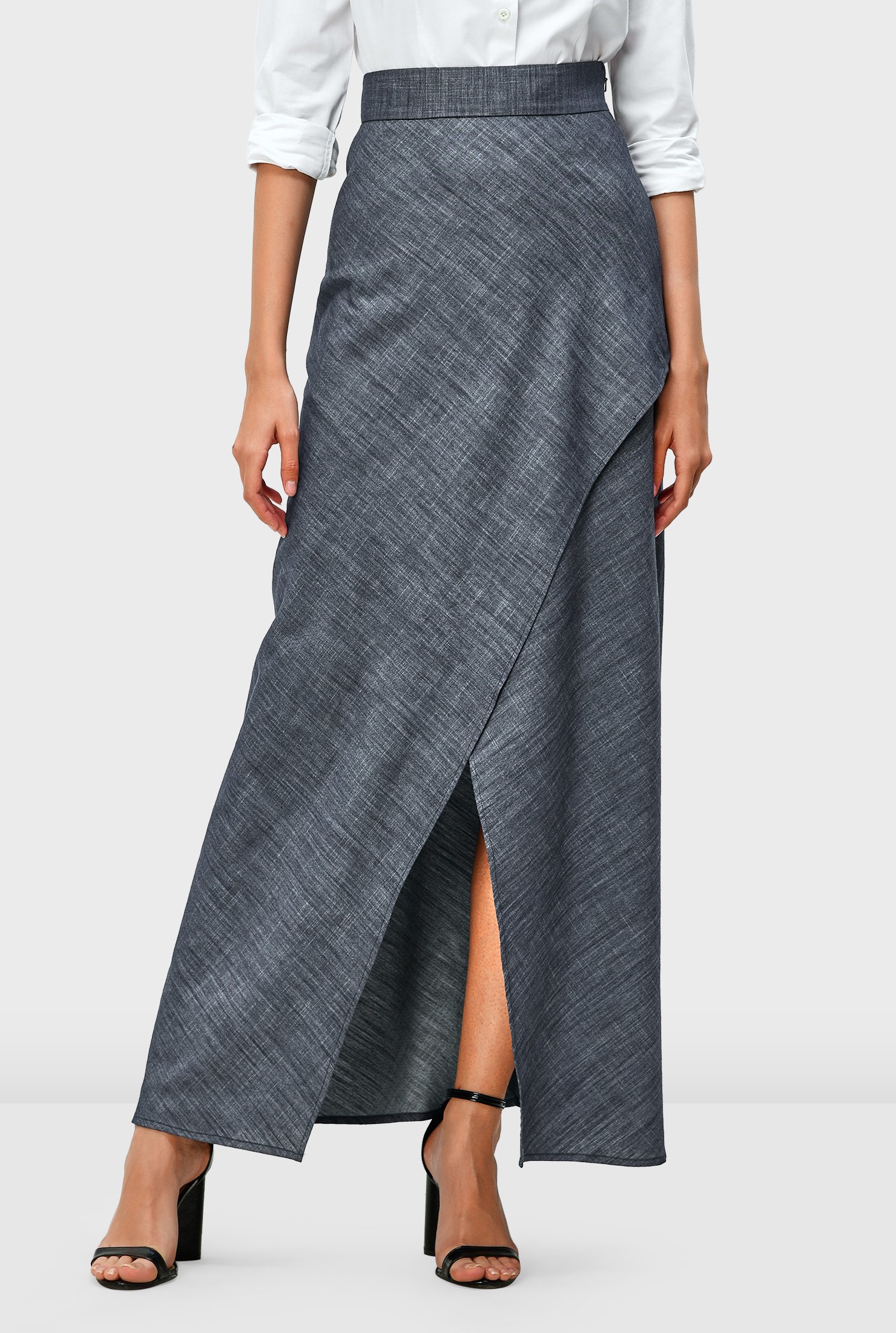 Cotton chambray faux wrap skirt