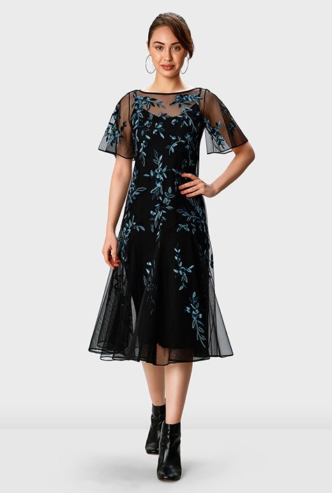 Floral embroidery tulle A-line dress