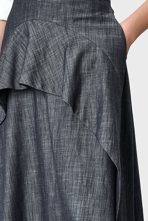 Shop Ruffle flounce cotton chambray skirt | eShakti
