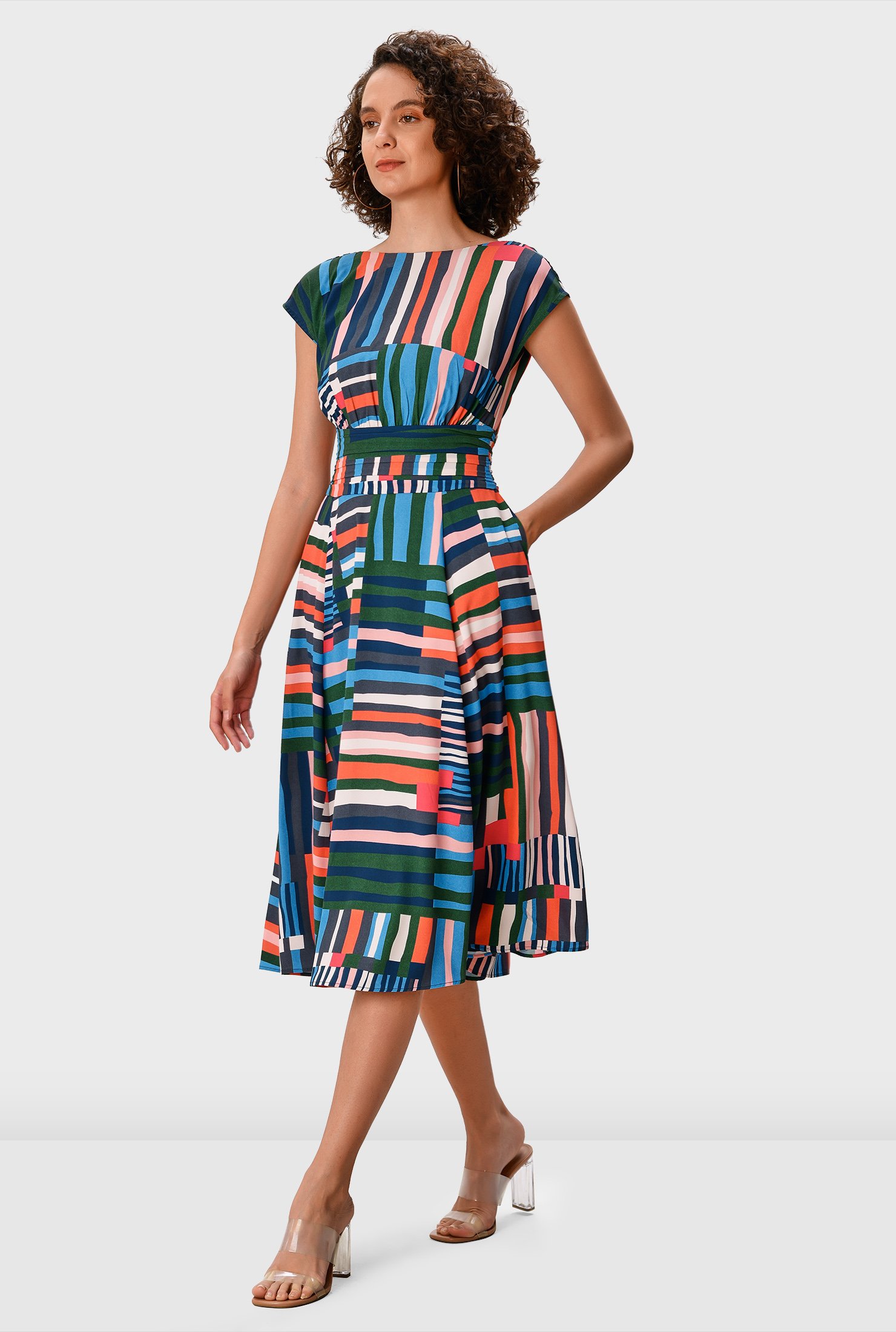 Shop Graphic stripe print crepe pleated empire dress | eShakti