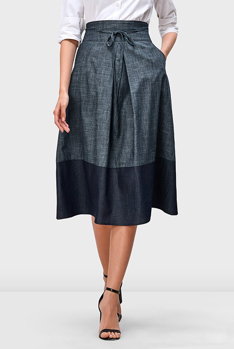 Shop Tie front two-tone cotton chambray skirt | eShakti