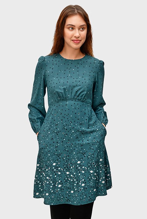 Shop Star print crepe ruched empire dress | eShakti