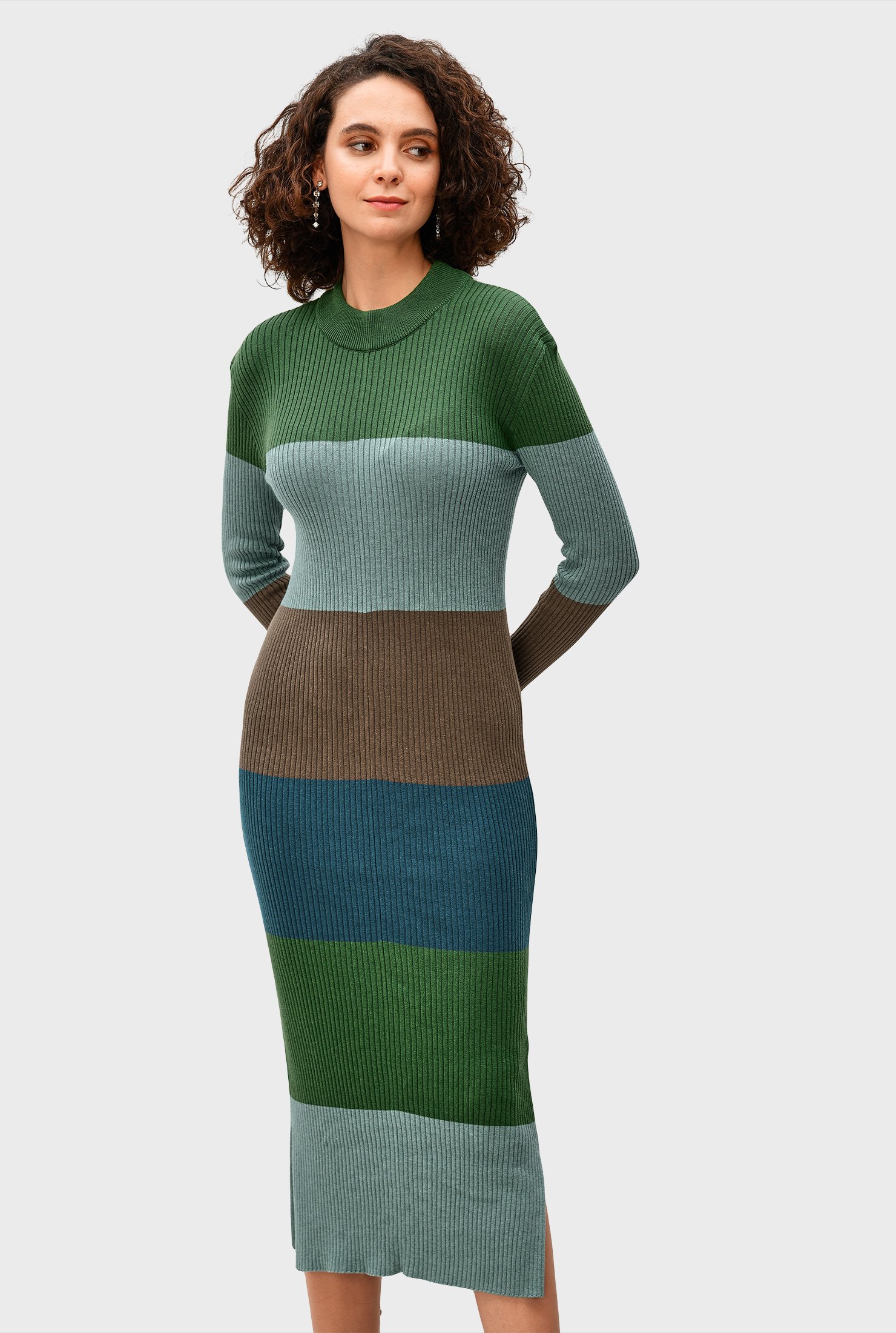 Colorblock cotton blend rib knit sweater dress