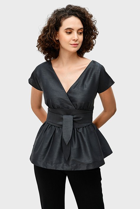 Shop Sash tie dupioni surplice peplum top | eShakti