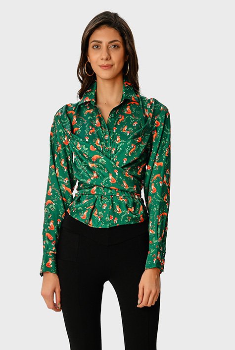 Tie back fox in the garden print satin twill shirt