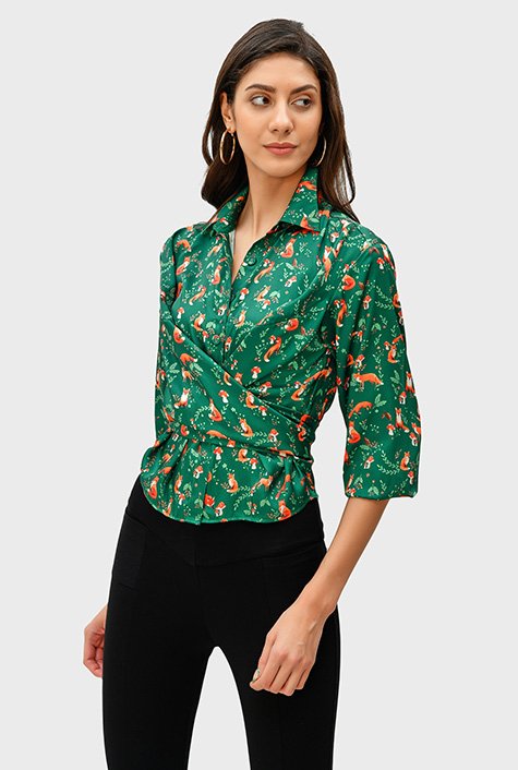 Tie back fox in the garden print satin twill shirt