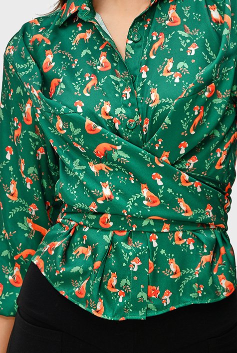 Tie back fox in the garden print satin twill shirt