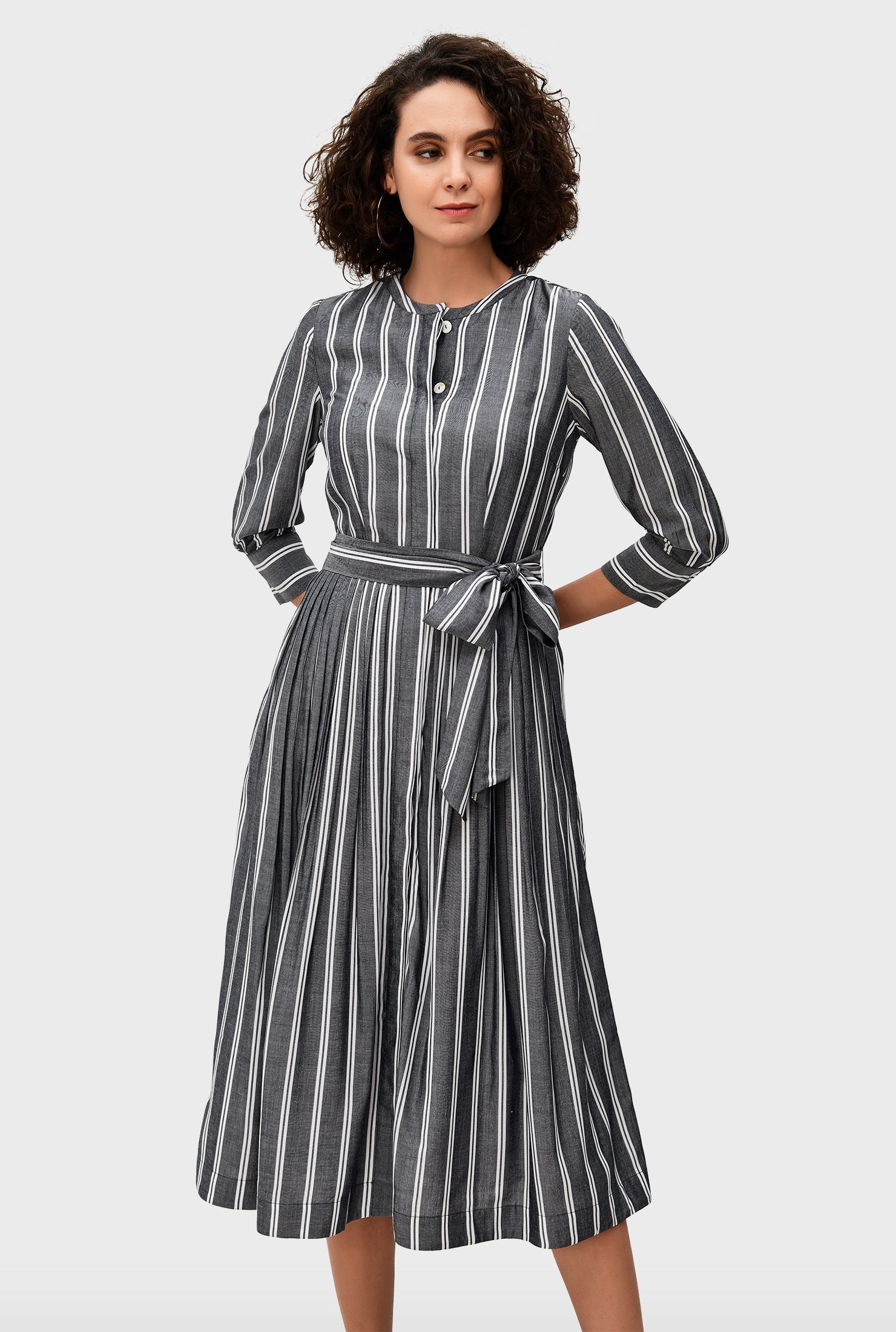 Shop Stripe cotton chambray belted shirtdress | eShakti