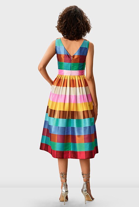 Vibrant check print dupioni dress