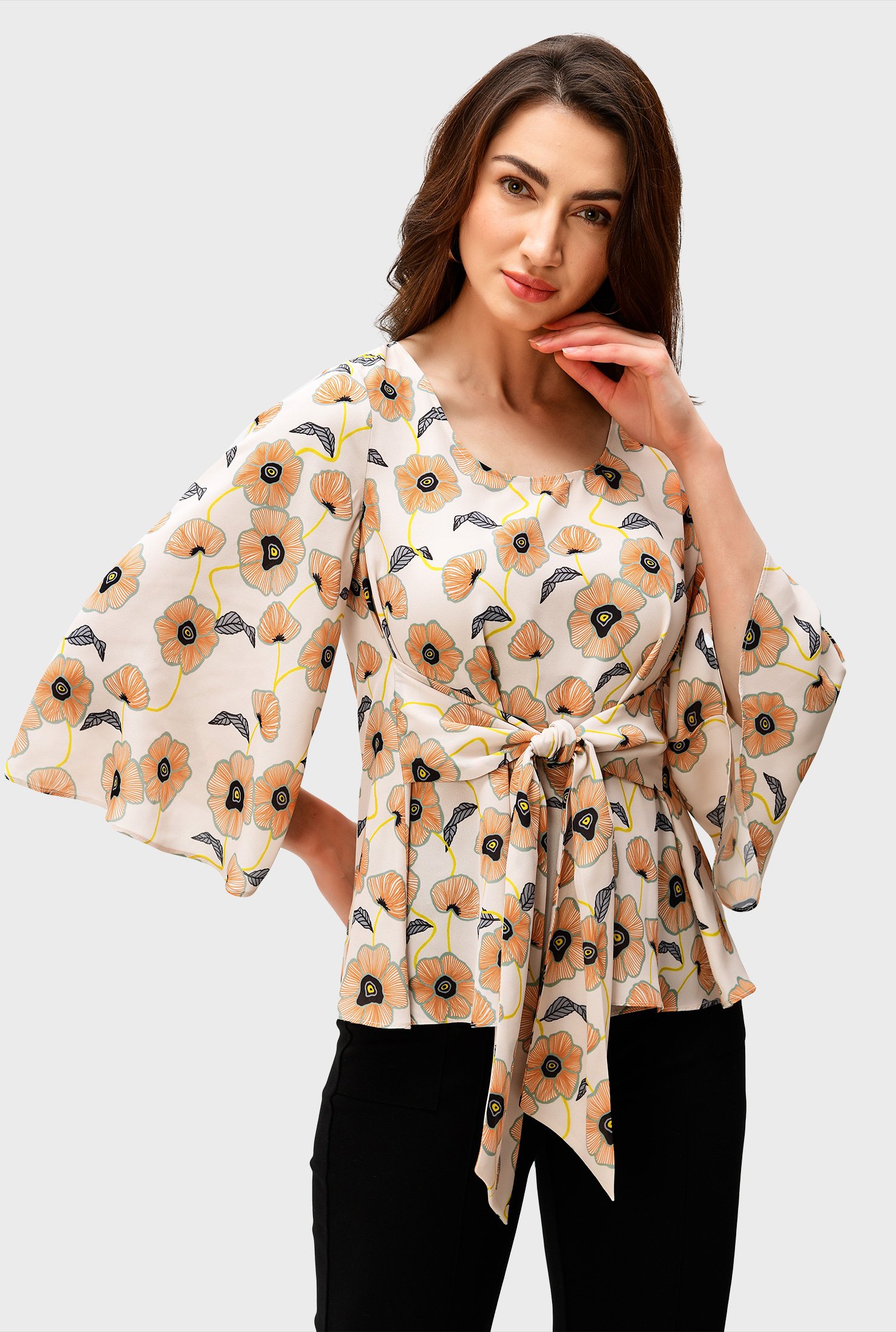 Tie front floral print crepe top