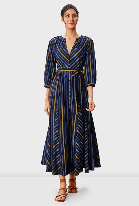 Lace trim stripe cotton twill shirtdress