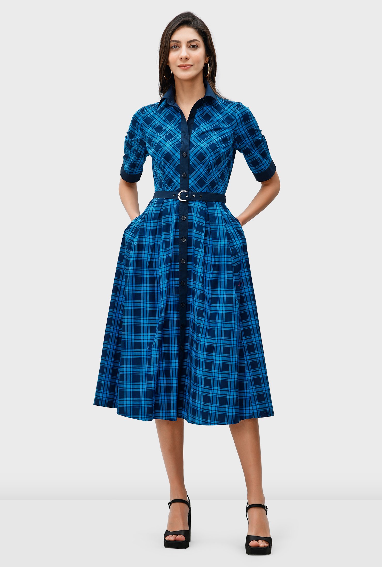 Shop Contrast trim cotton twill check belted shirtdress | eShakti