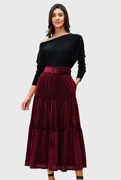 Shop Stripe burnout velvet tiered full skirt | eShakti