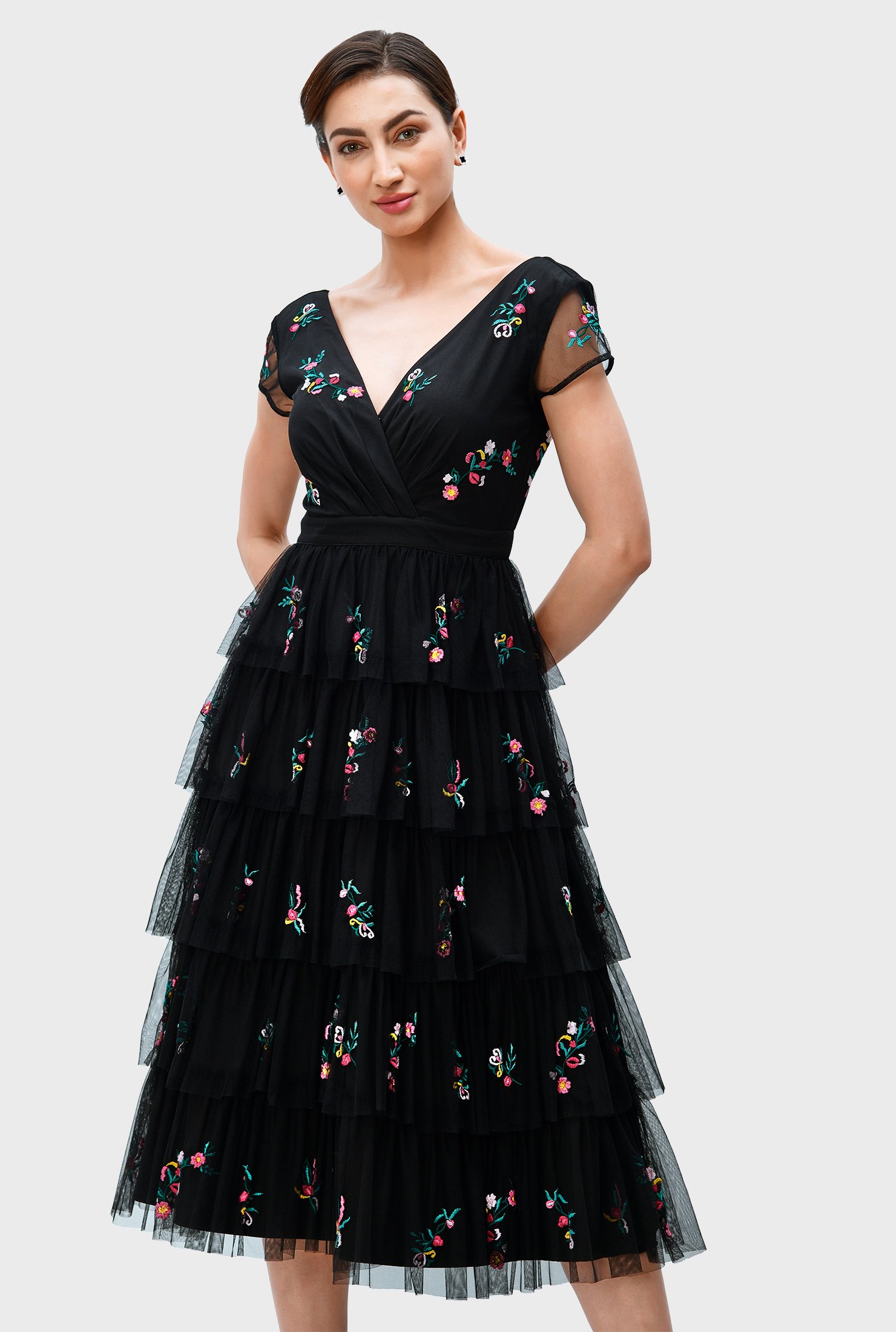 Floral embroidery tulle tier dress