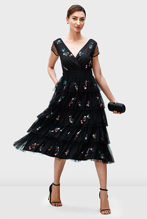 Floral embroidery tulle tier dress