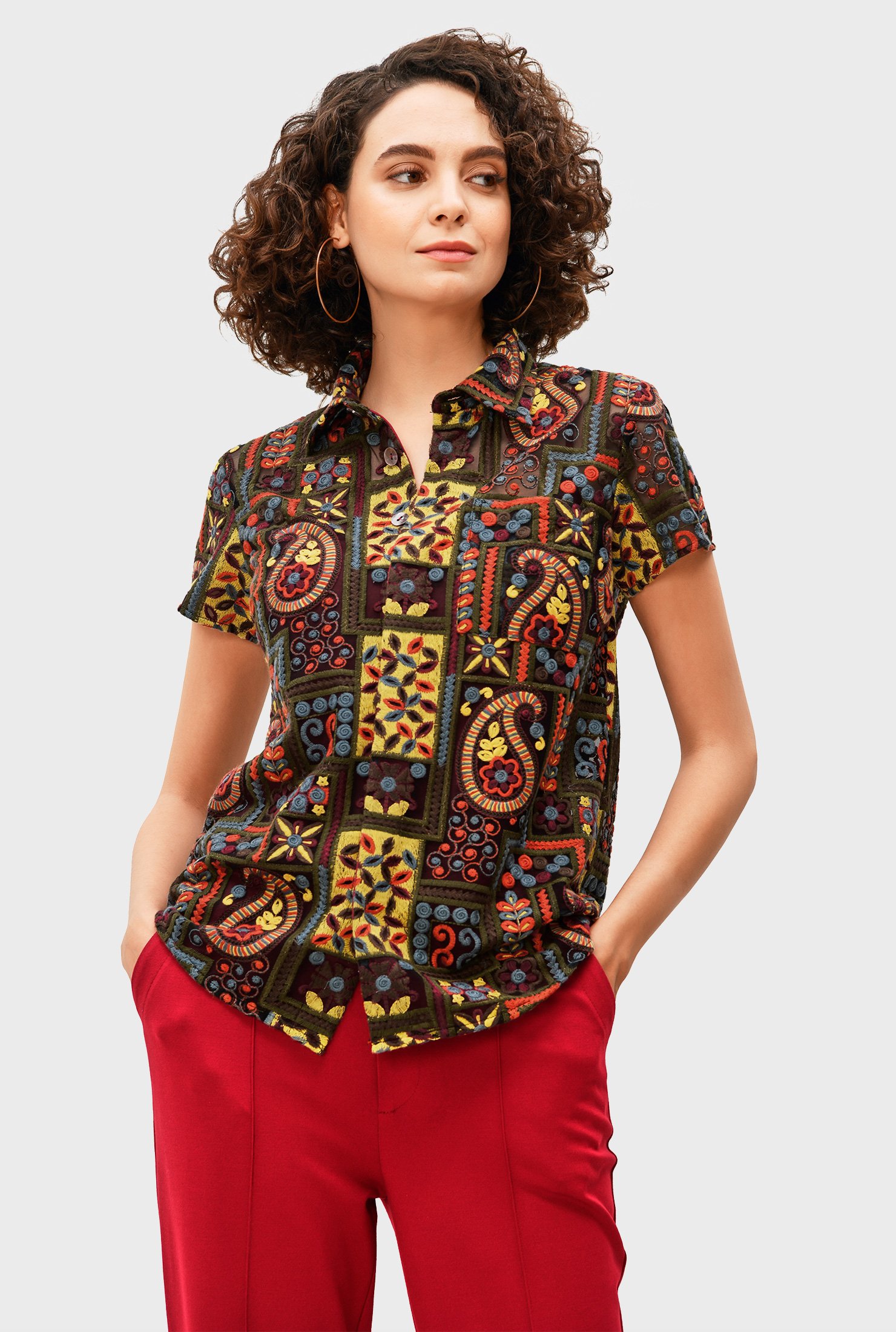 Shop Graphic paisley embroidery mesh shirt | eShakti