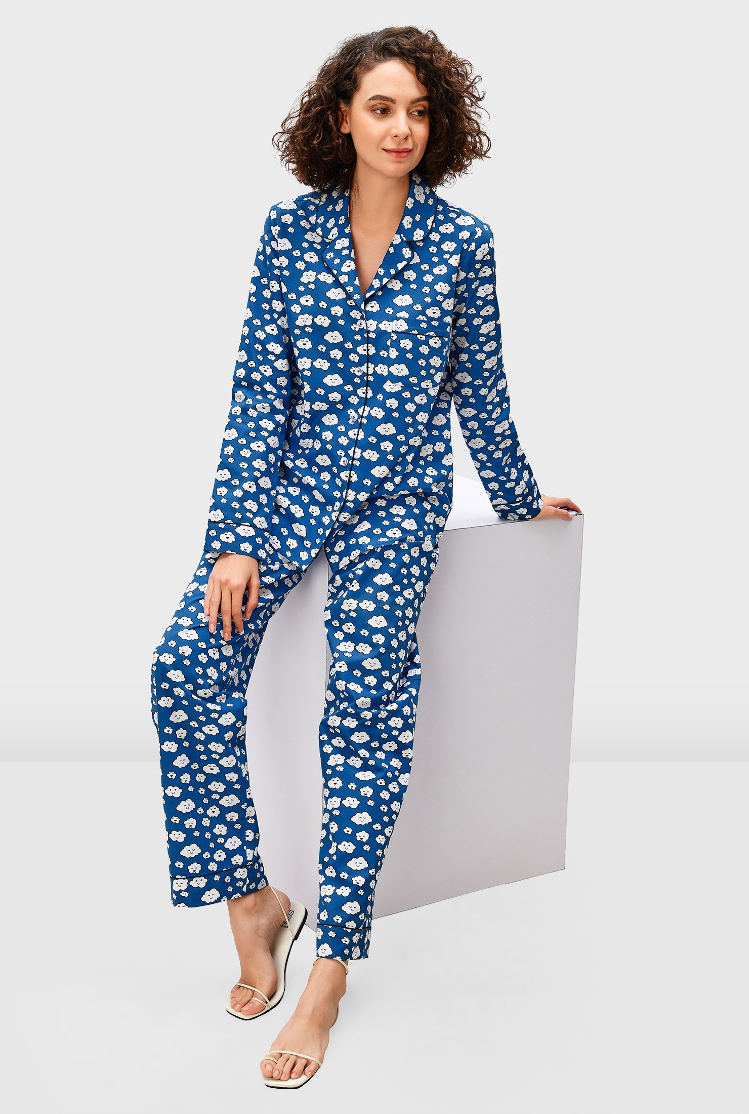 Contrast trim cloud print cotton poplin pajamas