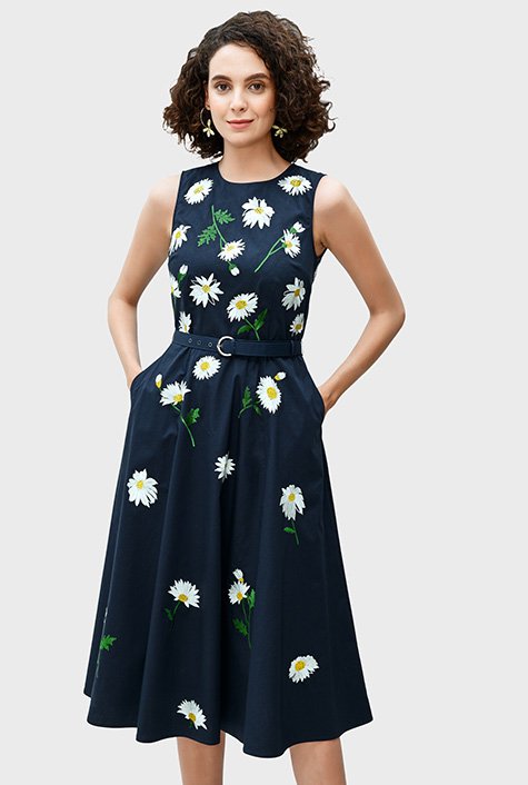 Shop Floral embroidery poplin belted dress | eShakti