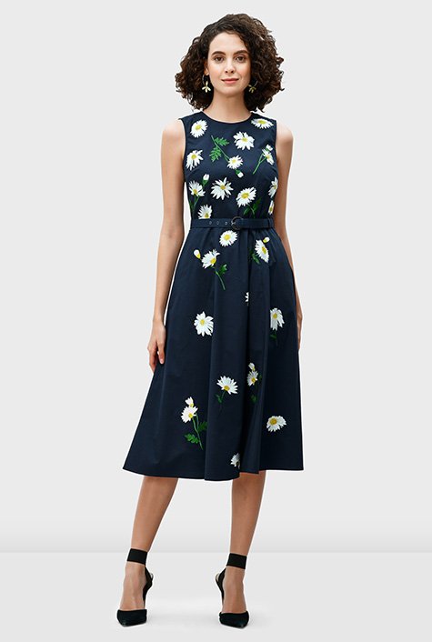 Shop Floral embroidery poplin belted dress | eShakti