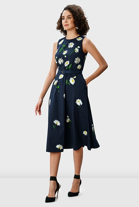 Shop Floral embroidery poplin belted dress | eShakti