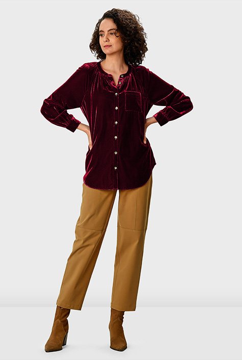 Velvet Tops for Women Long Sleeve Buttons Pocket Casual Blouses Solid Color  Slim Fashion Velvet Shirts at  Women's Clothing store