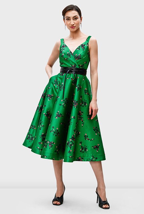 Shop Floral print dupioni surplice belted dress | eShakti