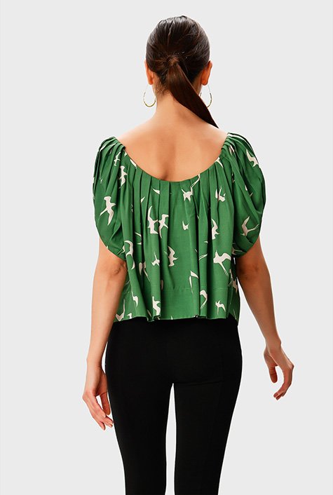 Shop Split sleeve pleated bird print crepe blouse | eShakti