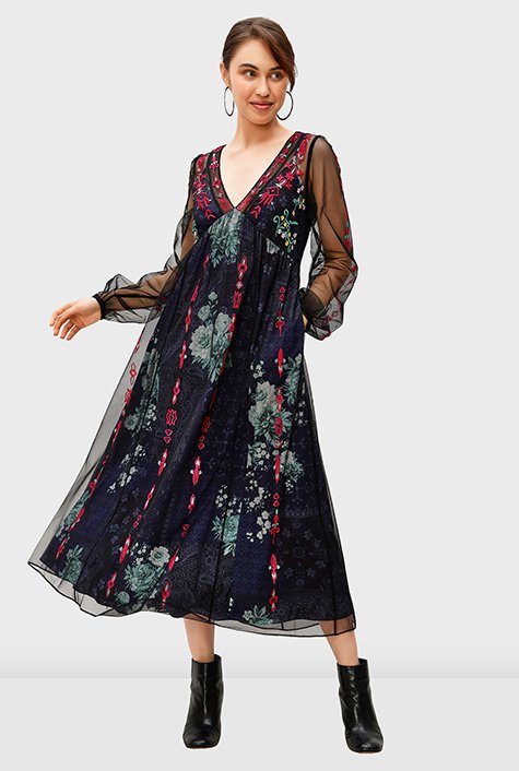 Shop Graphic embroidery tulle overlay floral print crepe empire dress ...