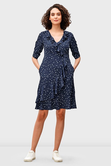 Shop Ruffle star print crepe faux-wrap dress | eShakti