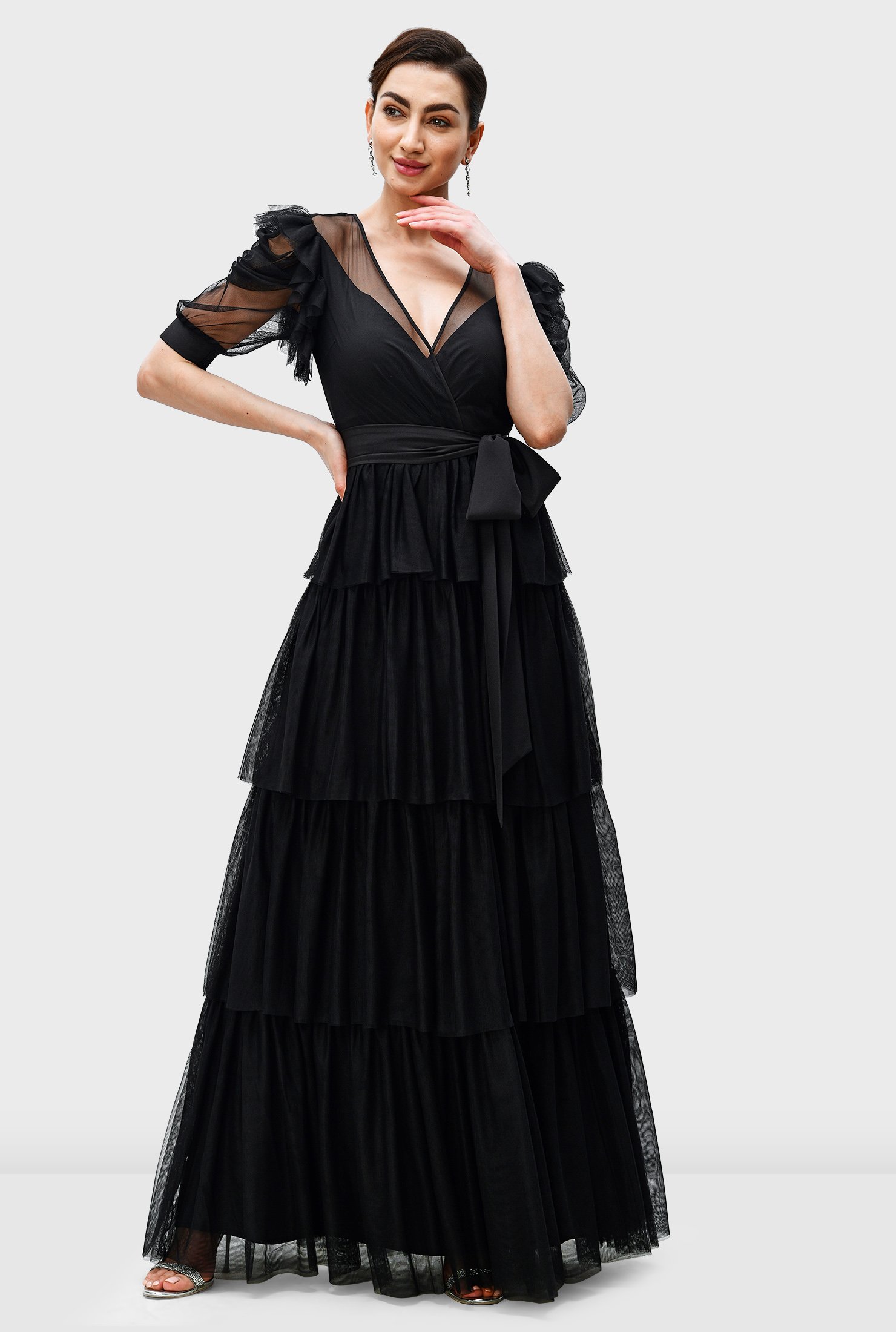 Shop Ruffle Tier Illusion Tulle Maxi Dress Eshakti 1084