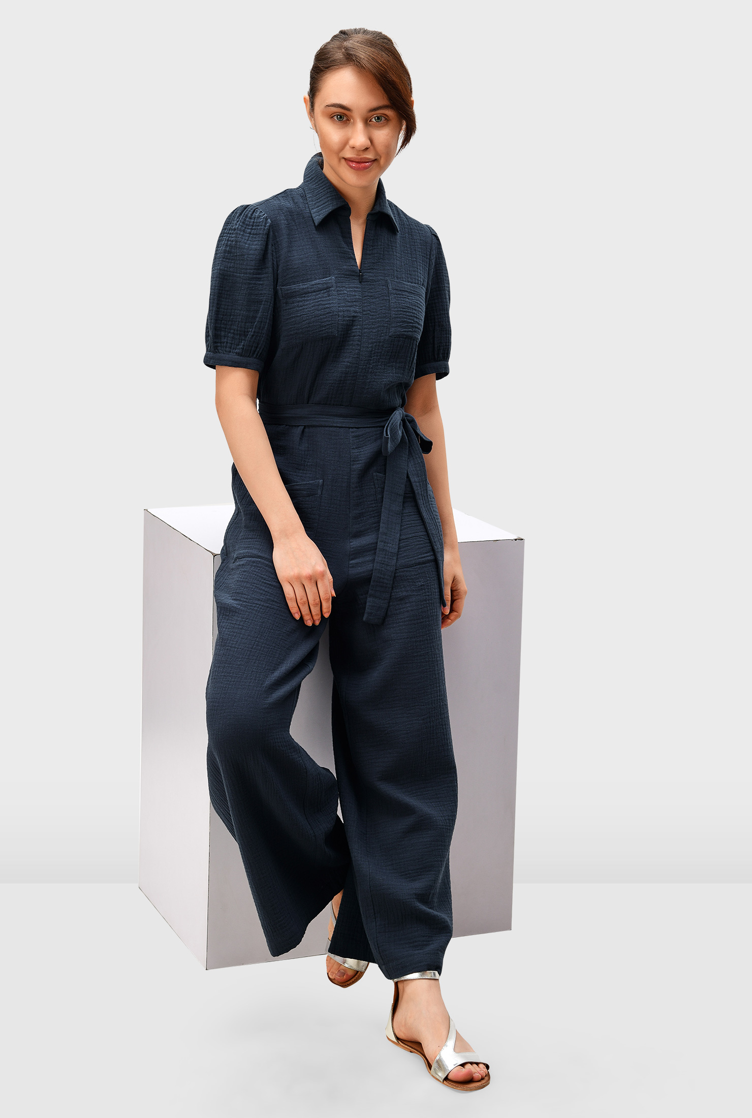 Shop Zip front double gauze cotton jumpsuit eShakti