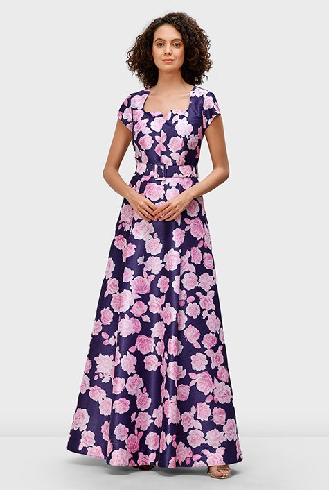 Shop Sweetheart rose print dupioni belted maxi dress | eShakti