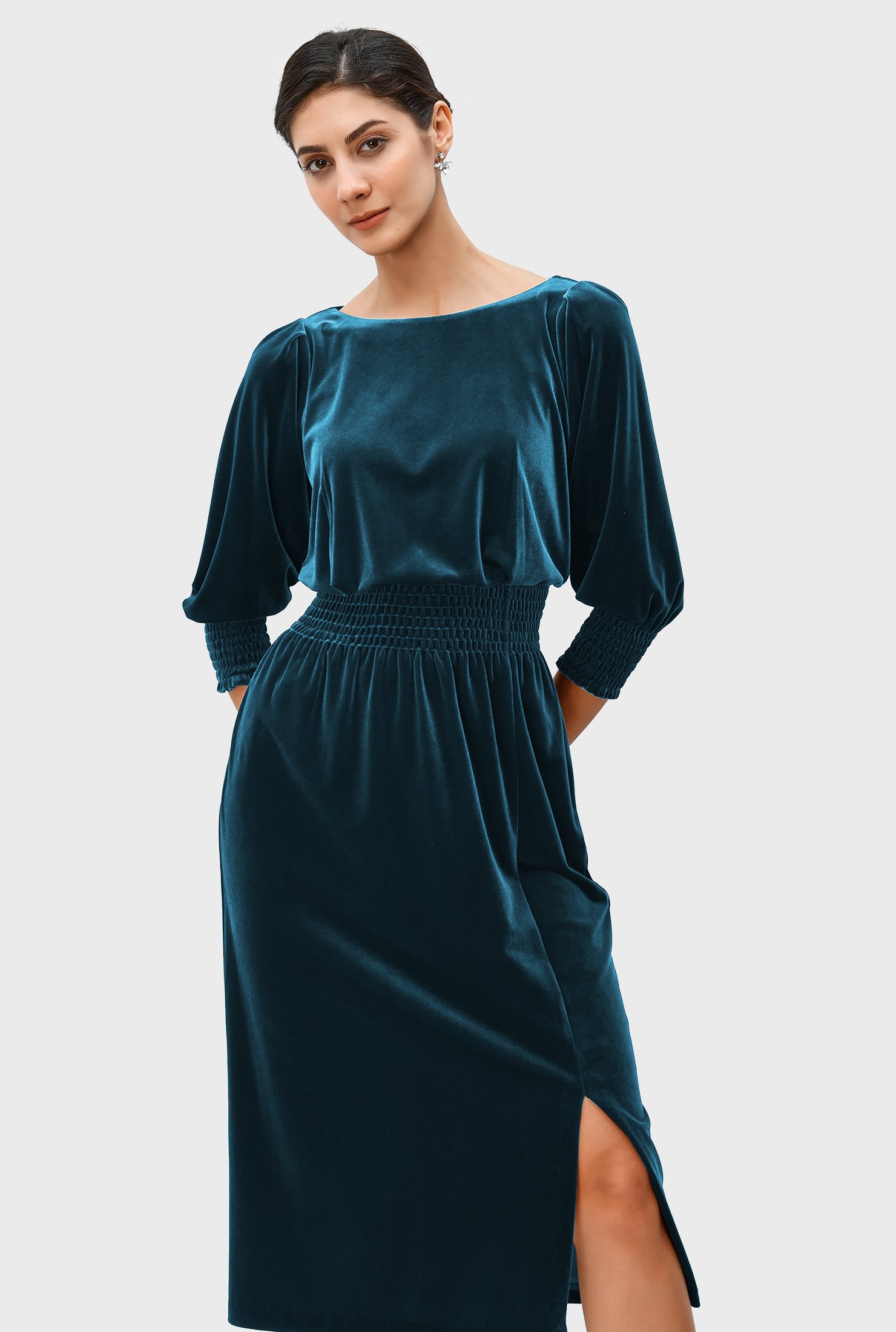 Shop Stretch velvet blouson dress | eShakti
