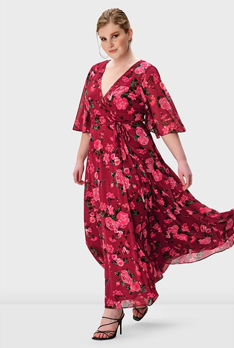 Shop Flutter sleeve floral print georgette wrap dress | eShakti