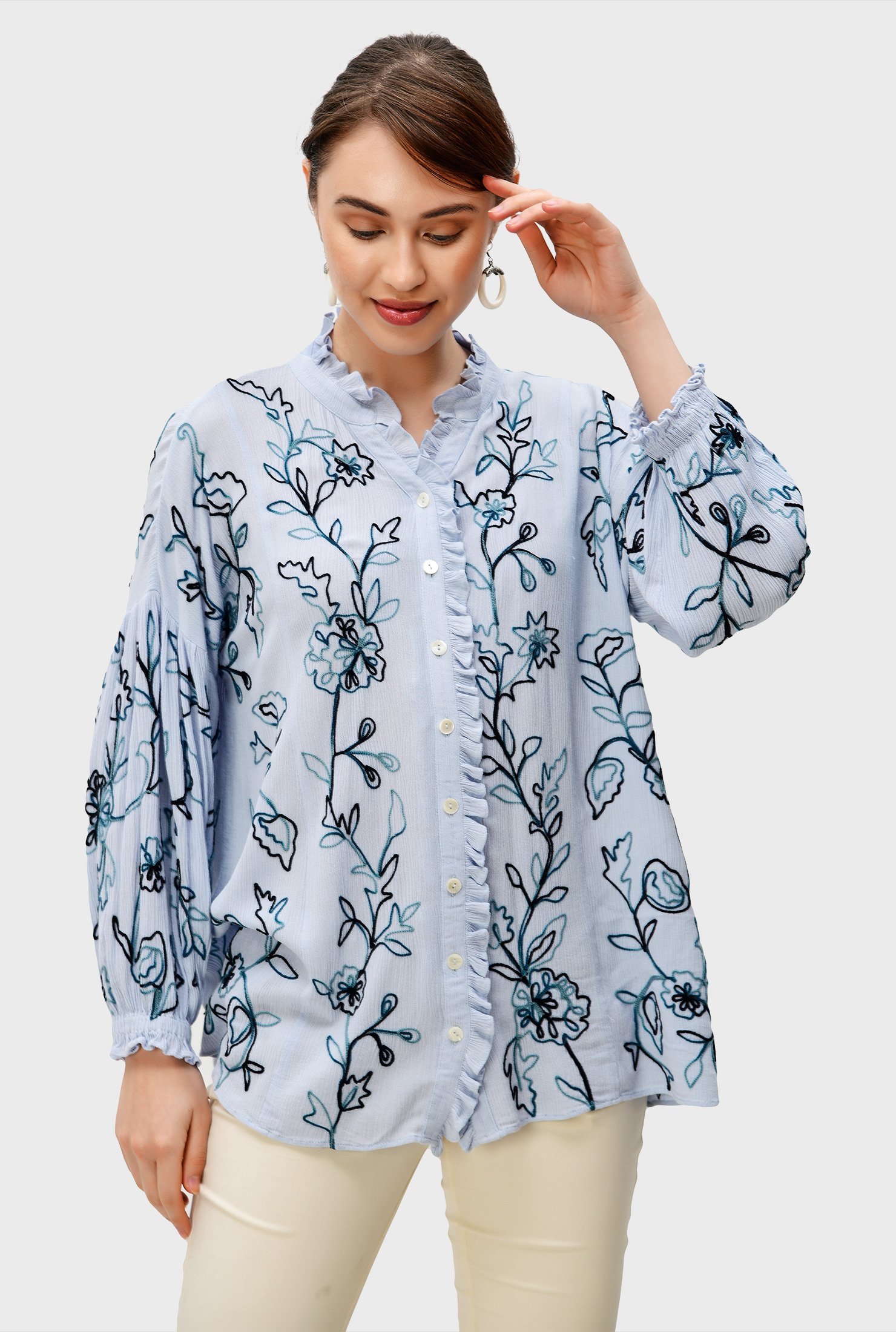 Shop Floral embroidery rayon crinkle shirt