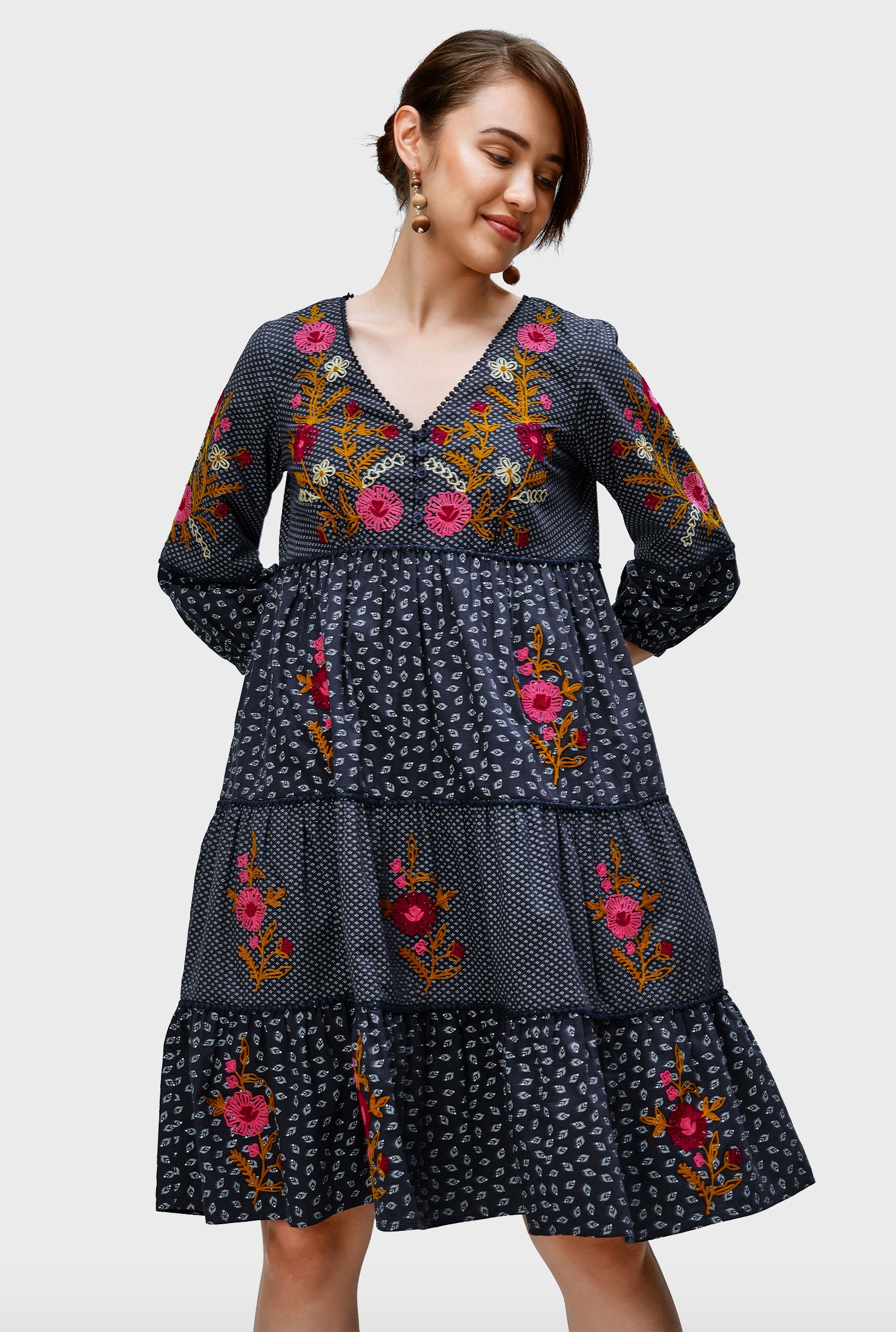 Floral embroidery mixed print cotton poplin tiered dress