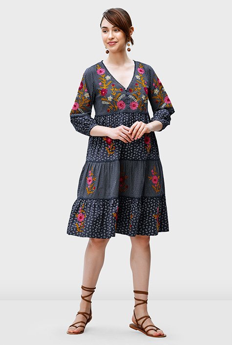 Floral embroidery mixed print cotton poplin tiered dress