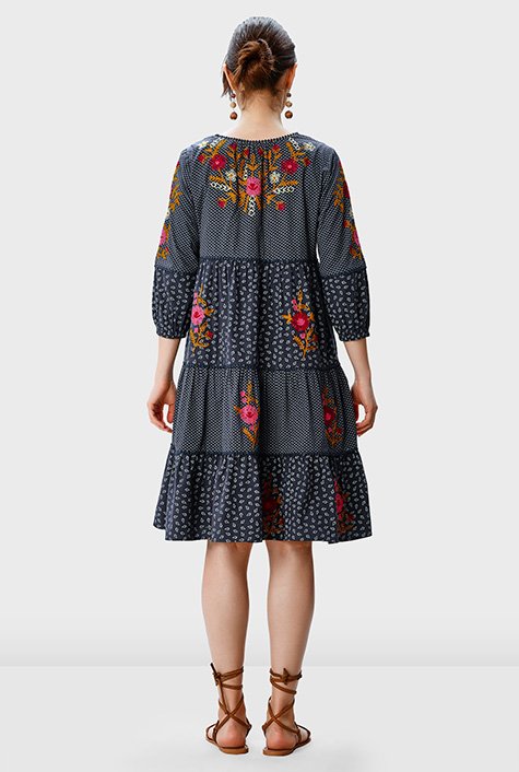 Floral embroidery mixed print cotton poplin tiered dress