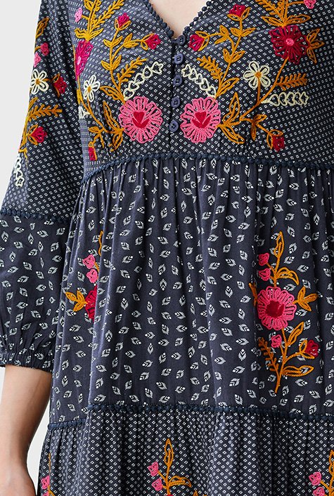 Floral embroidery mixed print cotton poplin tiered dress