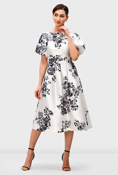 Puff sleeve floral lace print dupioni dress