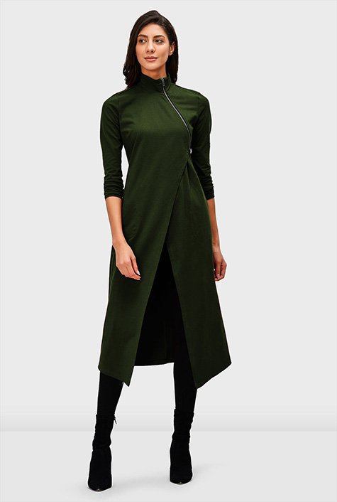 Zip front cotton jersey asymmetric wrap tunic