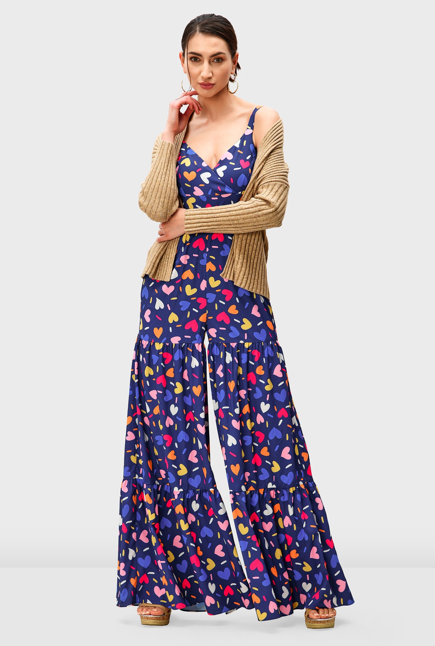 Shop Heart print crepe tiered jumpsuit | eShakti