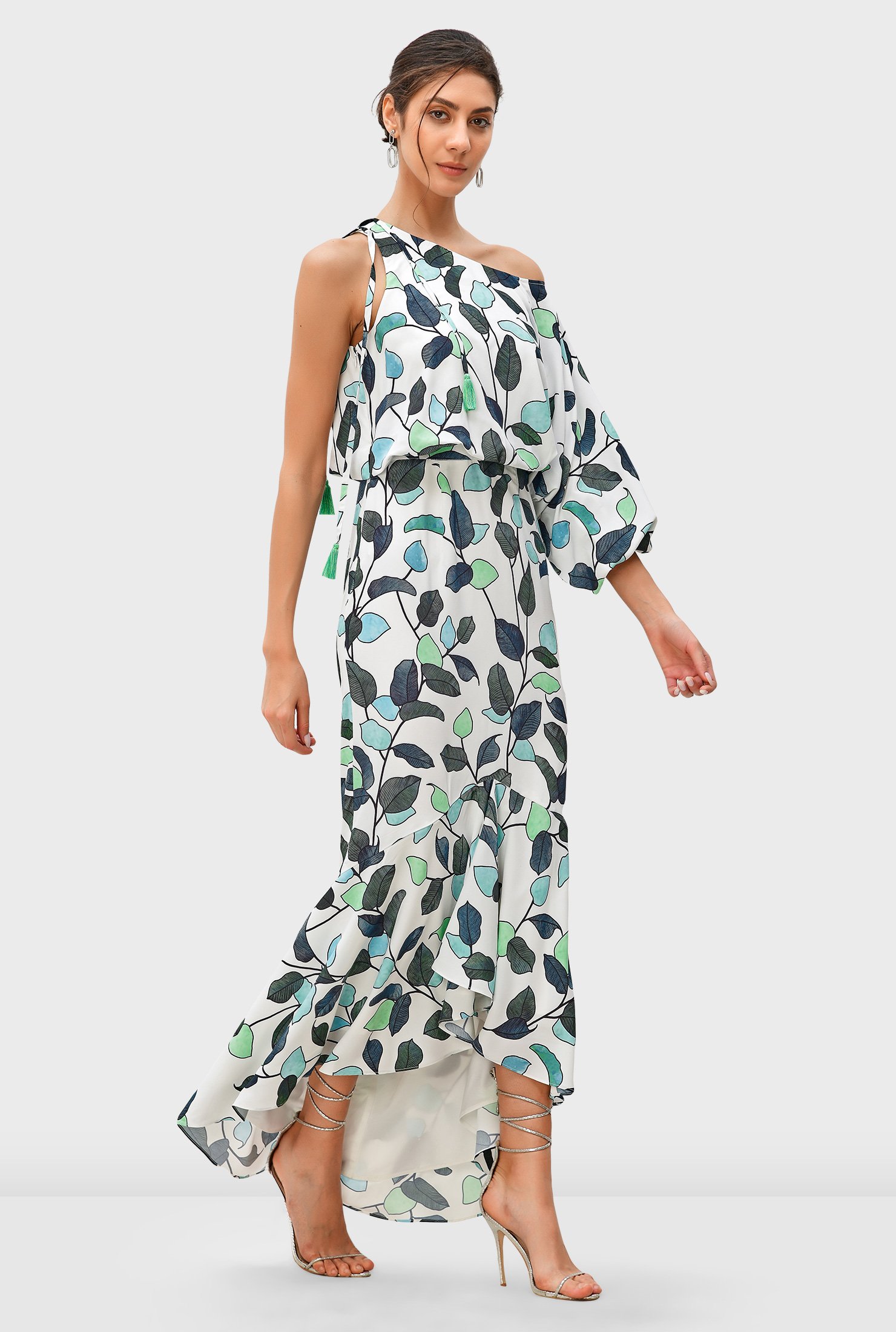 Shop Single sleeve asymmetric leaf print crepe high-low dress | eShakti