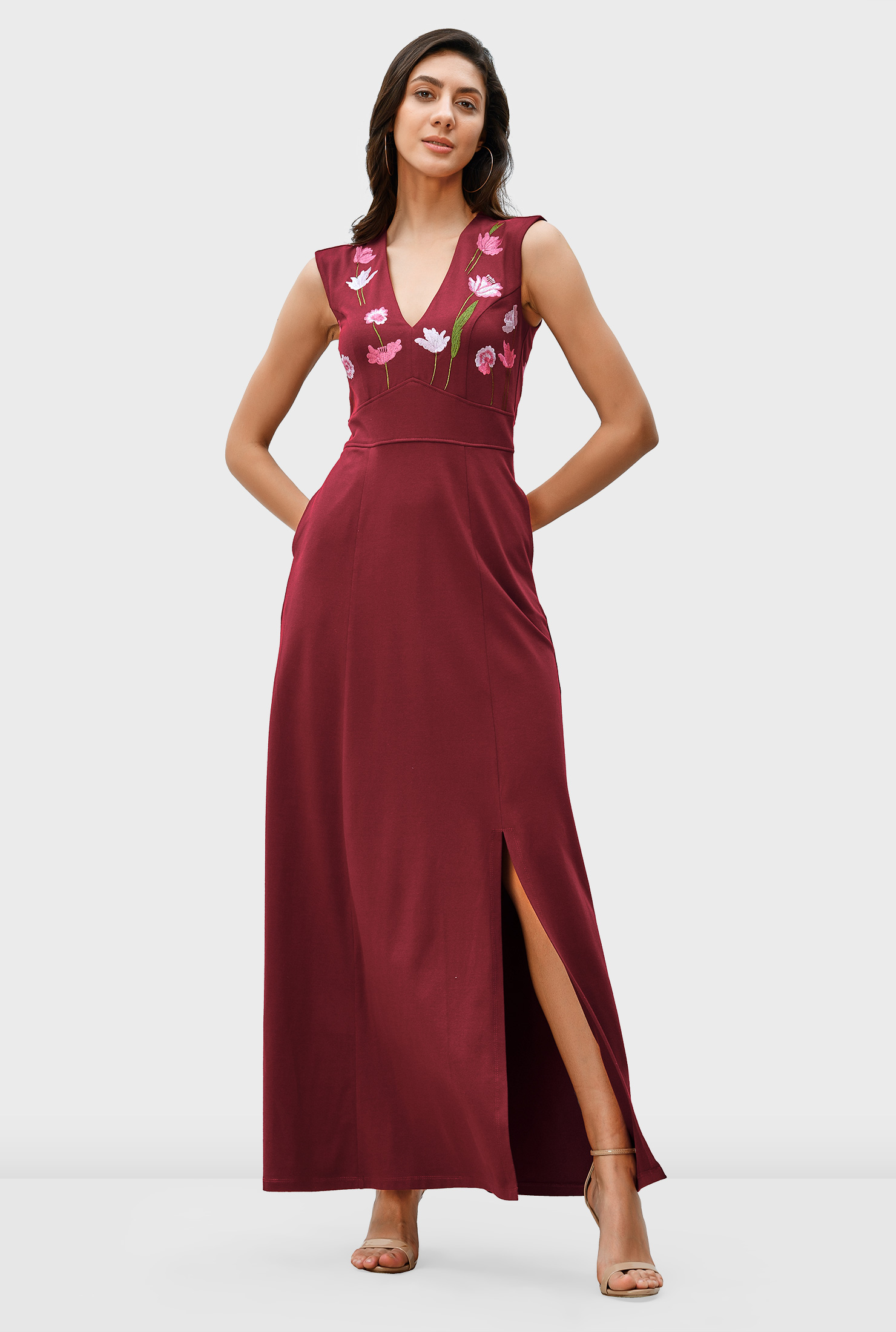 Shop Floral embroidery cotton jersey empire dress eShakti