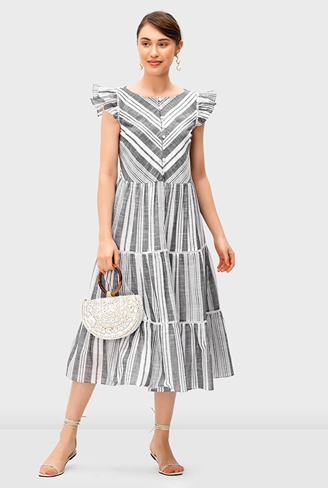 Shop Stripe cotton sash-tie tiered dress | eShakti