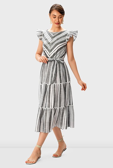 Shop Stripe cotton sash-tie tiered dress | eShakti