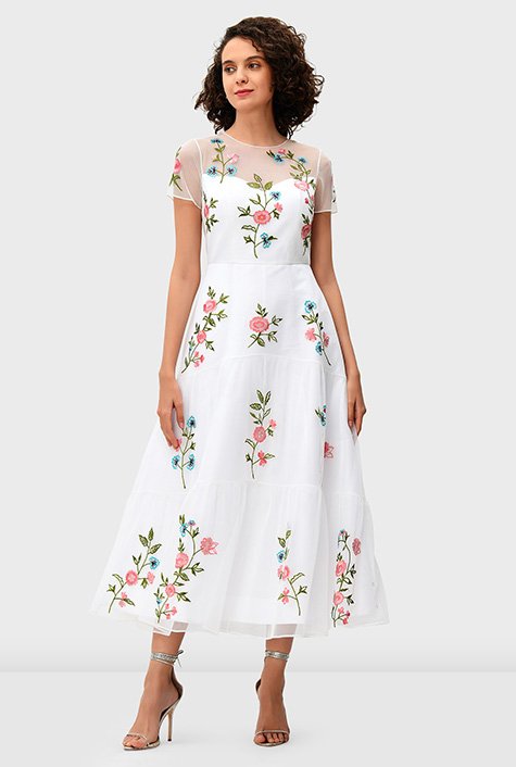 Shop Floral embroidery tulle overlay dupioni tiered dress eShakti