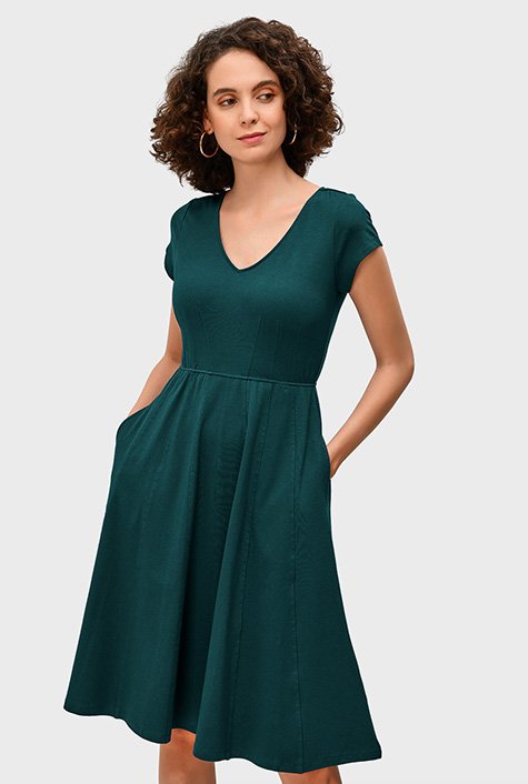 Banded Waist Teal Fit-And-Flare Dress, eShakti